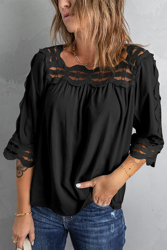 Casual Black Hollow-out Blouse